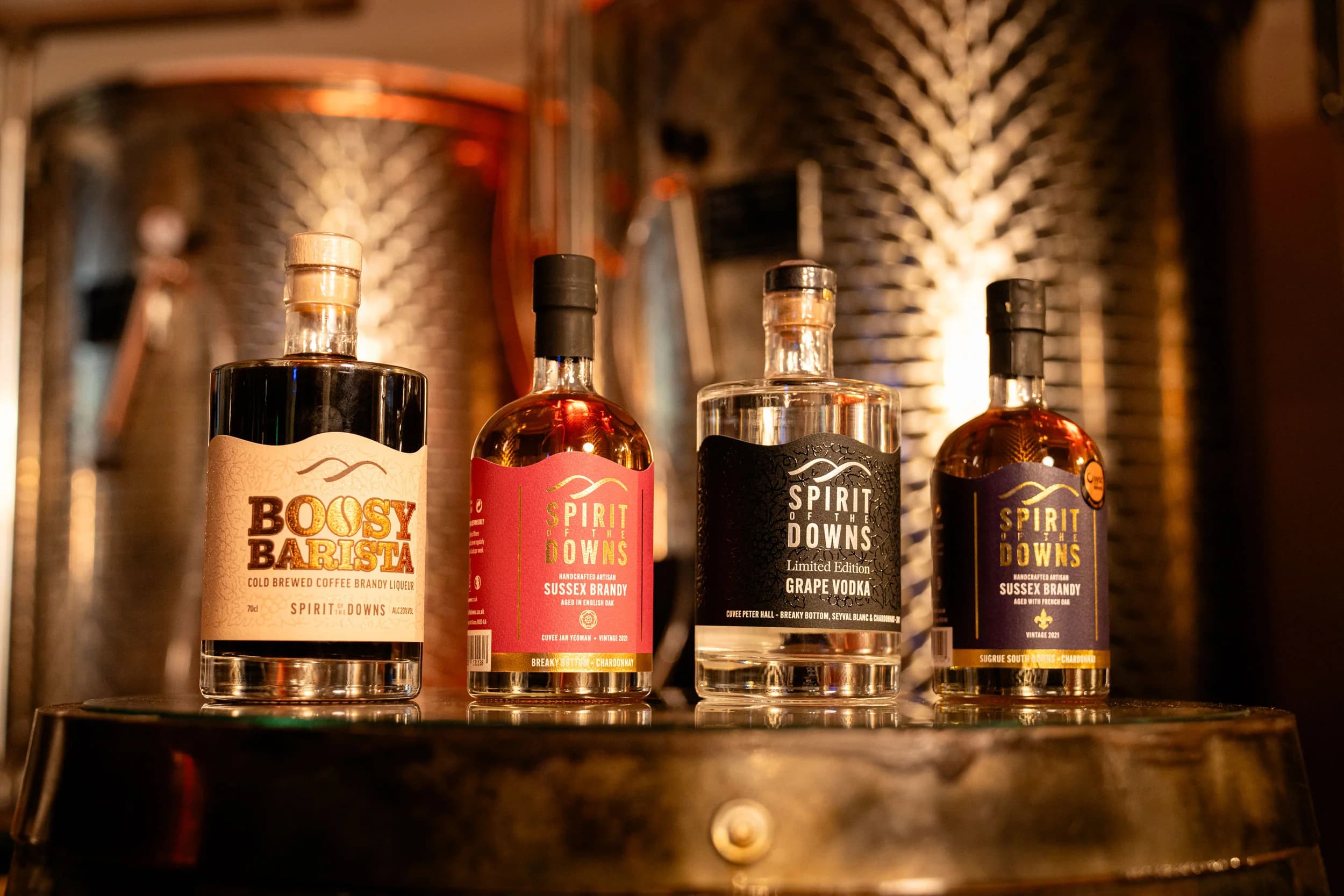 Spirit of the Downs bottles displayed in a distillery