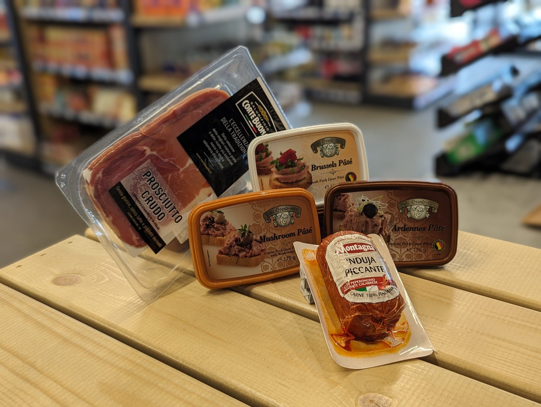 Charcuterie, pate and nduja displayed inside Woodgate Community Shop