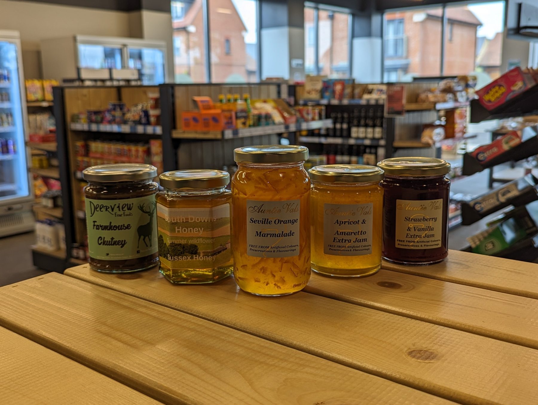 Jams, chutney, marmalade and honey displayed in the shop